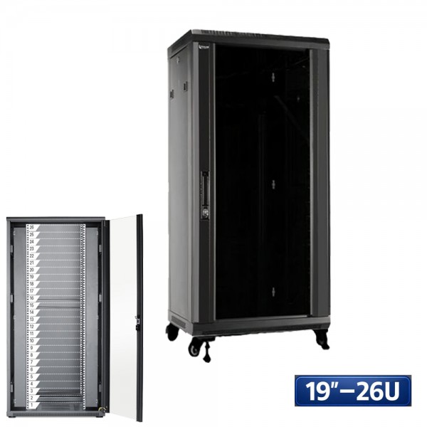 Baie de brassage 19 pouces 26U 600×600 sur roulettes – armoire réseau haute capacité informatique et vidéosurveillance