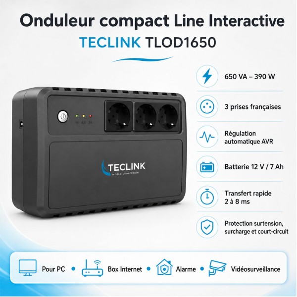 Onduleur compact 650 VA – 390 W – 3 prises FR – TECLINK TLOD1650