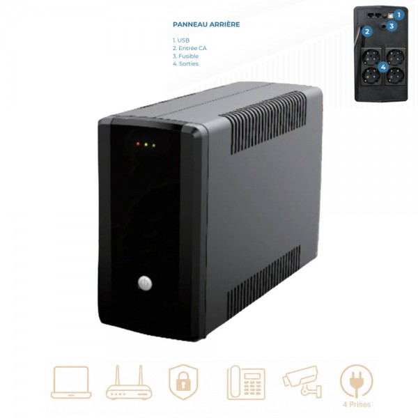 Onduleur 1500 VA 900 W Line Interactive – 4 prises pour vidéosurveillance, alarme et PC