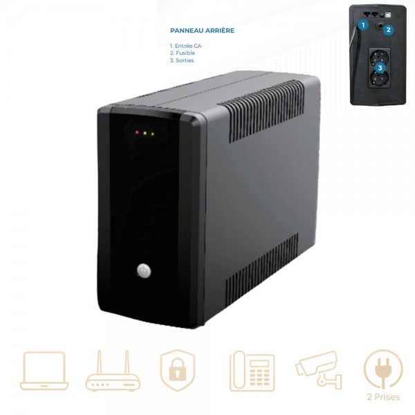 Onduleur 650 VA 390 W Line Interactive – 2 prises pour vidéosurveillance, alarme et PC