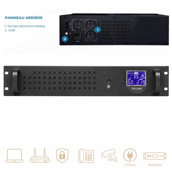 Onduleur rackable 2000 VA – 1200 W – Line Interactive – 3 prises TLOD42000RT