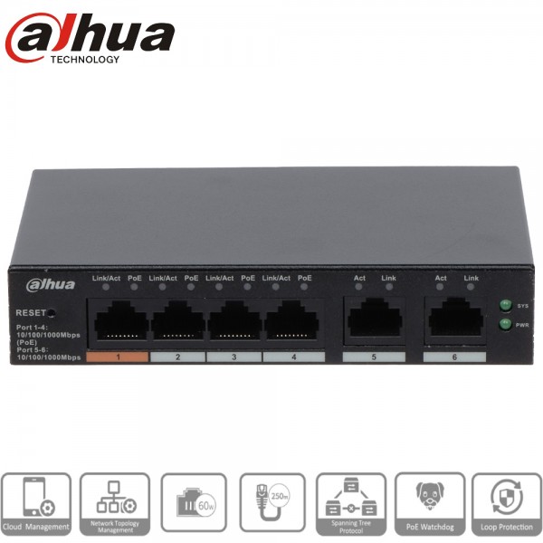 Switch PoE Dahua Gigabit 4 ports + 2 ports LAN – CS4006-4GT-60-V2
