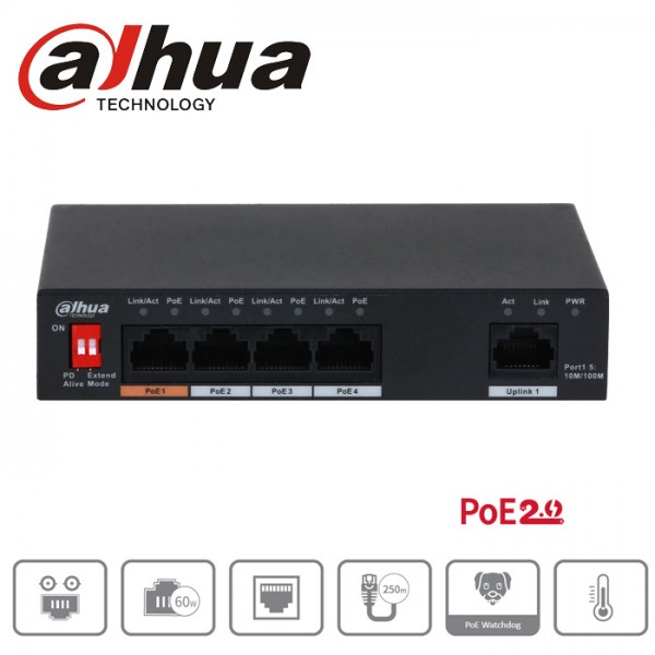 Switch PoE 4 ports Dahua PFS3005-4ET-60