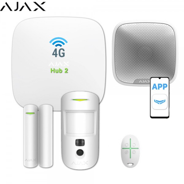  Kit alarme Ajax maison sans fil 4g avec sirène extérieure 113 dB, télécommande et détecteur photo MotionCam