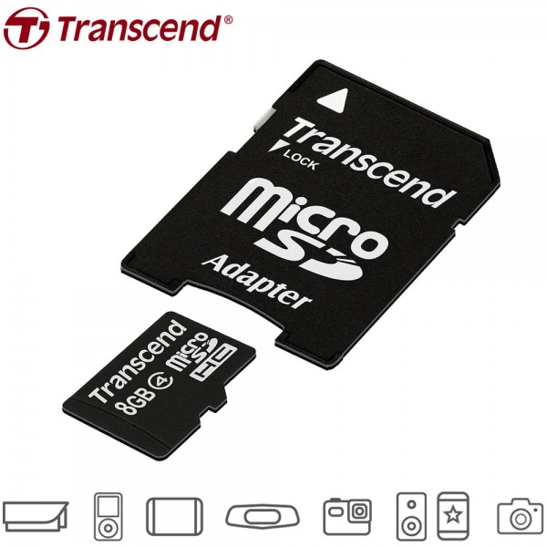 Carte microSDHC Transcend 8 Go Classe 4 avec adaptateur SD – TS8GUSDHC4