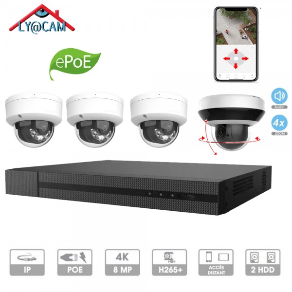 kit 4 caméras IP dômes 4 mpx avec 1 PTZ Motirisée 