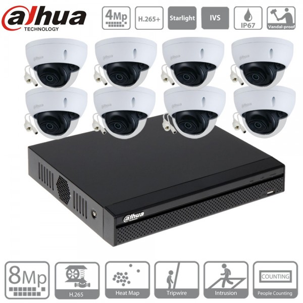 Kit Dahua IP Poe 8 caméras dômes anti vandalisme 4 megapixels