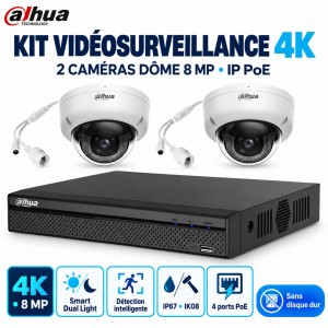 Kit vidéosurveillance 4K Dahua IP PoE – 2 caméras dôme 8 MP couleur de nuit
