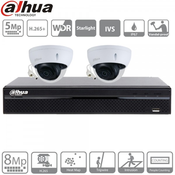 Dahua kit 2 caméras IP dômes POE - 5 Mpx évolutif à 4 caméras