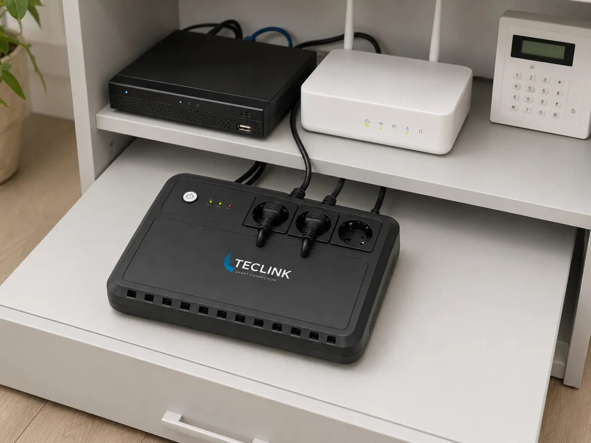 Onduleur compact TECLINK TLOD1650 protégeant une petite installation de vidéosurveillance et d’alarme