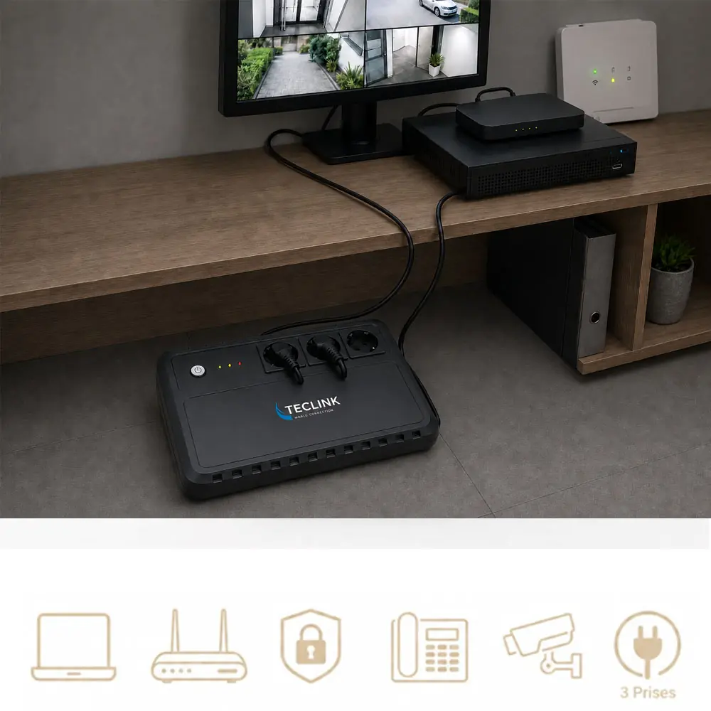 Onduleur TECLINK TLOD1650 maintenant temporairement un NVR, une box Internet et la vidéosurveillance pendant une coupure de courant