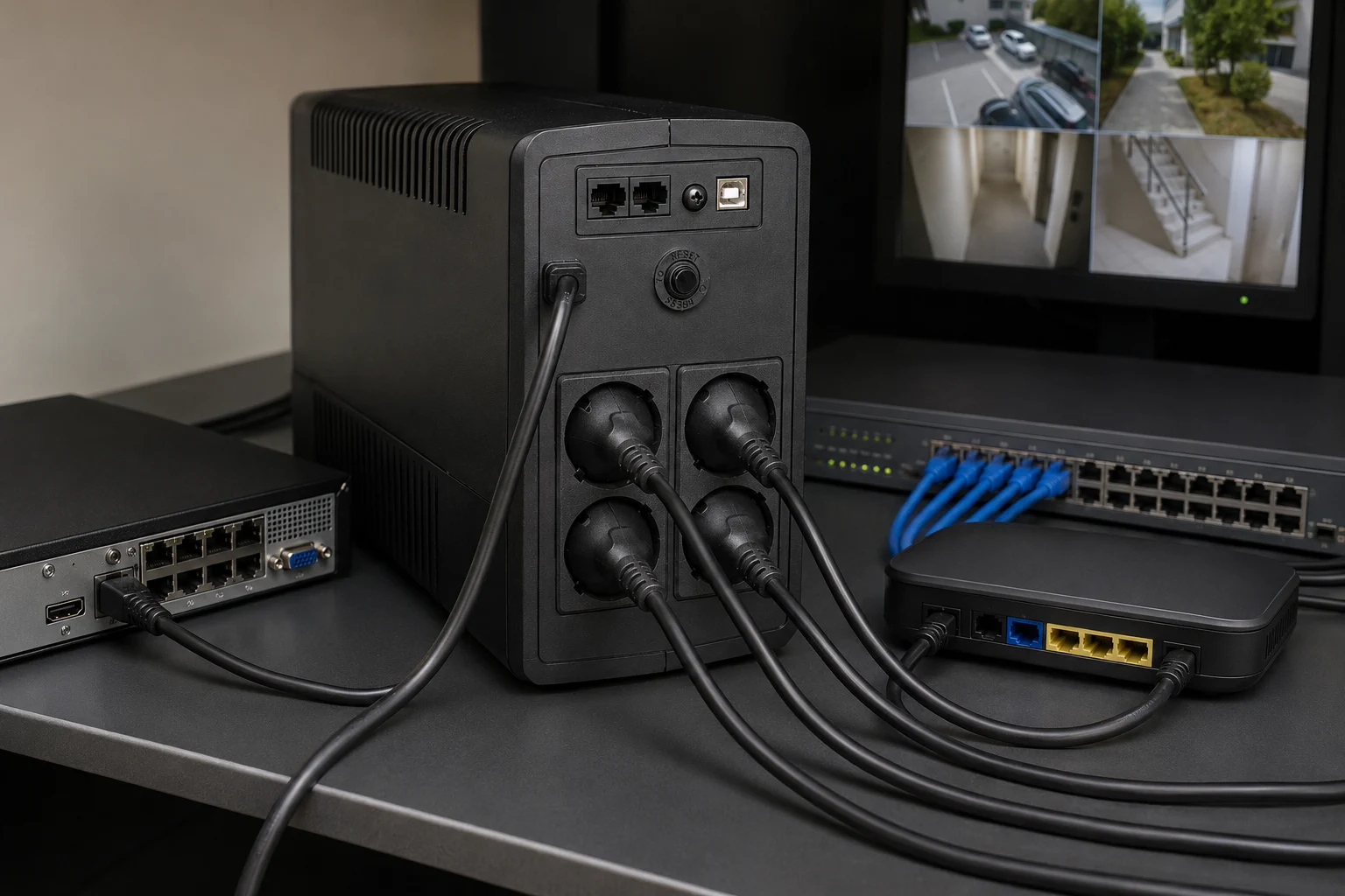 Vue arrière de l’onduleur TECLINK TLOD31500 1500 VA 900 W avec quatre prises françaises et port USB
