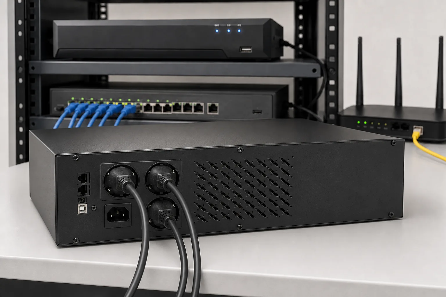 Vue arrière de l’onduleur rackable TECLINK TLOD42000RT avec trois prises françaises
