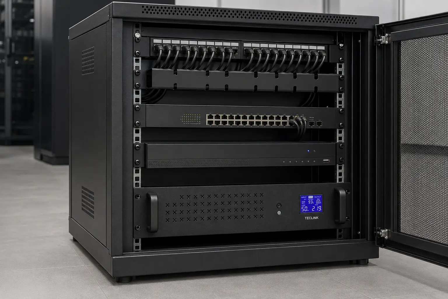 Onduleur rackable TECLINK TLOD42000RT installé avec un NVR et un switch PoE dans une baie de brassage