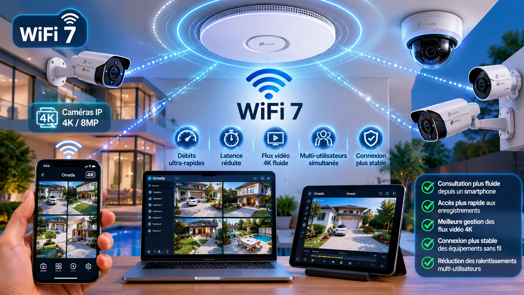 WiFi 7 pour vidéosurveillance IP avec caméras 4K, smartphone et consultation des flux vidéo