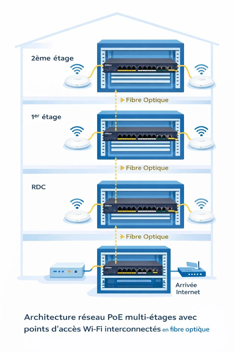 Schéma architecture réseau multi-étages avec switch PoE en baie de brassage et points d’accès Wi-Fi