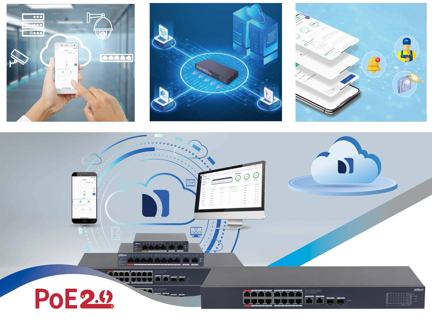 Interface de gestion Cloud du switch PoE Dahua permettant le contrôle et le redémarrage des ports