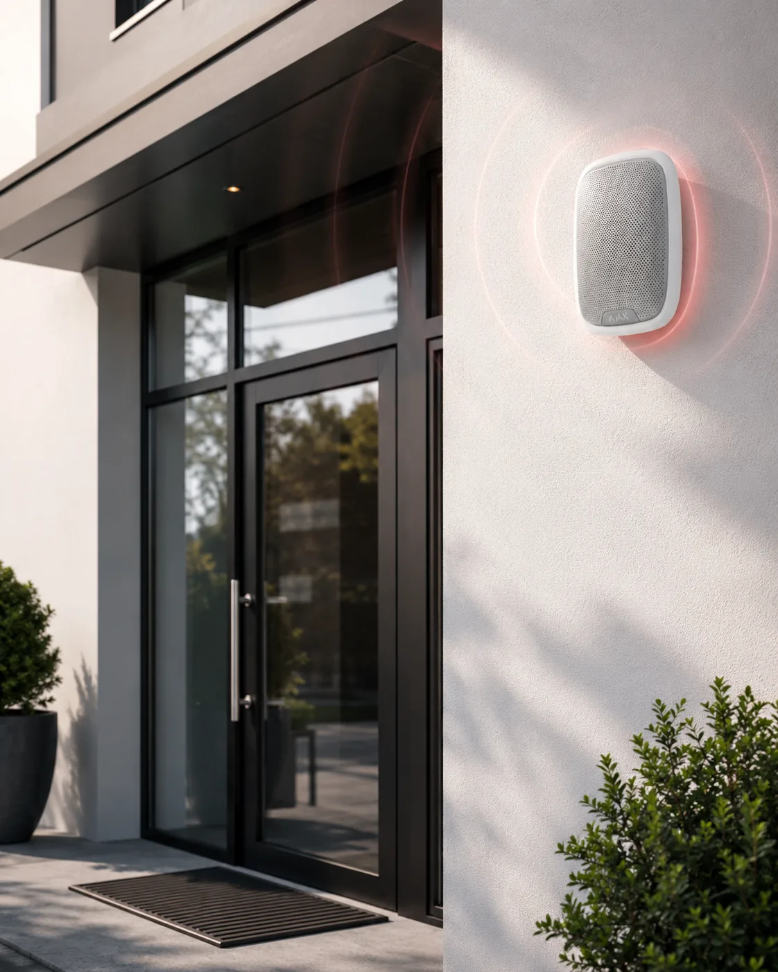 Sirène extérieure Ajax StreetSiren installée en façade pour alarme maison et commerce