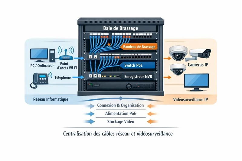 Schéma organisation baie de brassage réseau et vidéosurveillance
