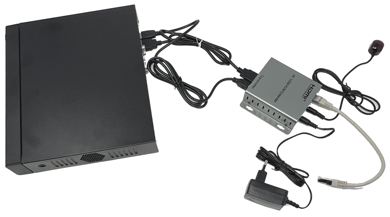 Branchement de l’émetteur de l’extendeur RJ45 4K sur l’enregistreur vidéo et l’écran local