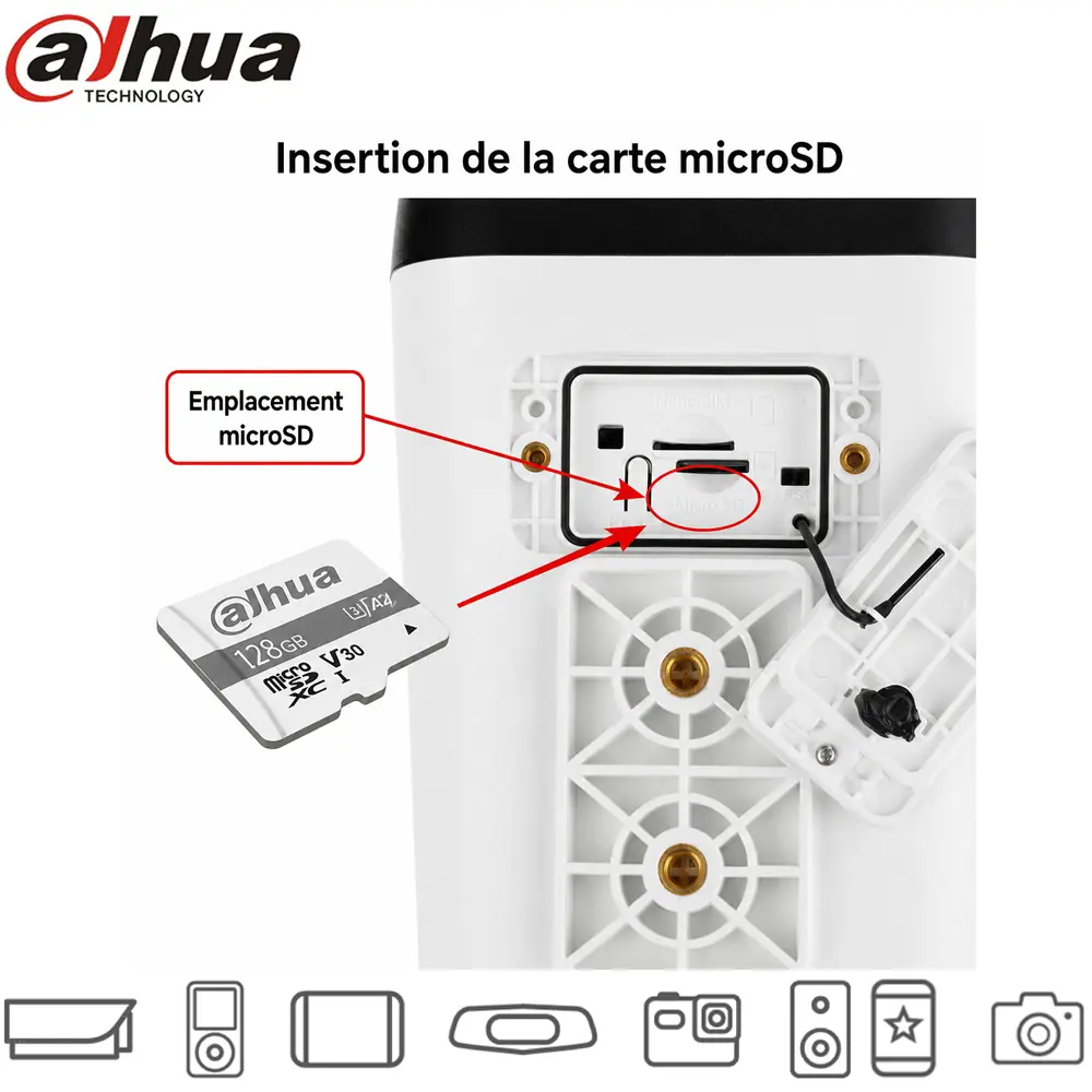 Insertion de la carte microSD Dahua 128 Go dans une caméra IP