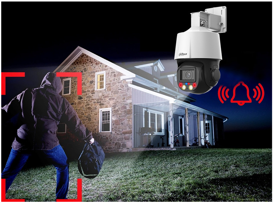 Caméra PTZ Dahua 4MP avec technologie TiOC dissuasion active alarme intrusion maison avec flash et sirène