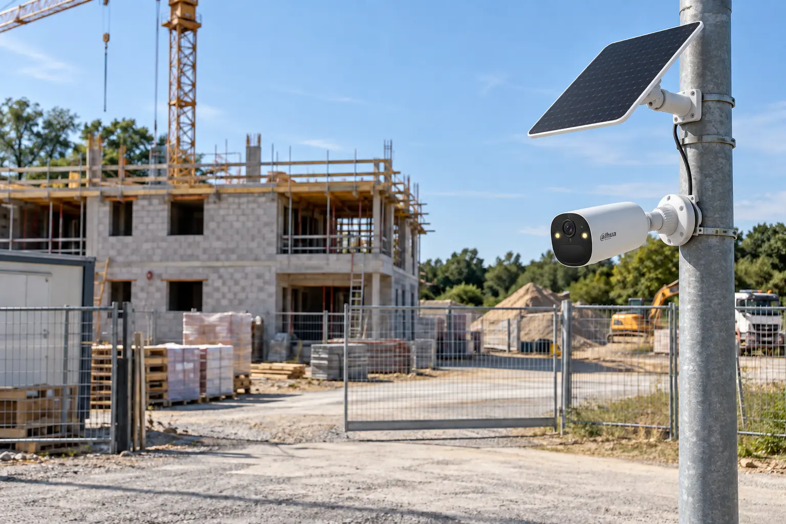 Caméra de chantier Dahua 4G solaire installée sans box Internet ni alimentation électrique permanente