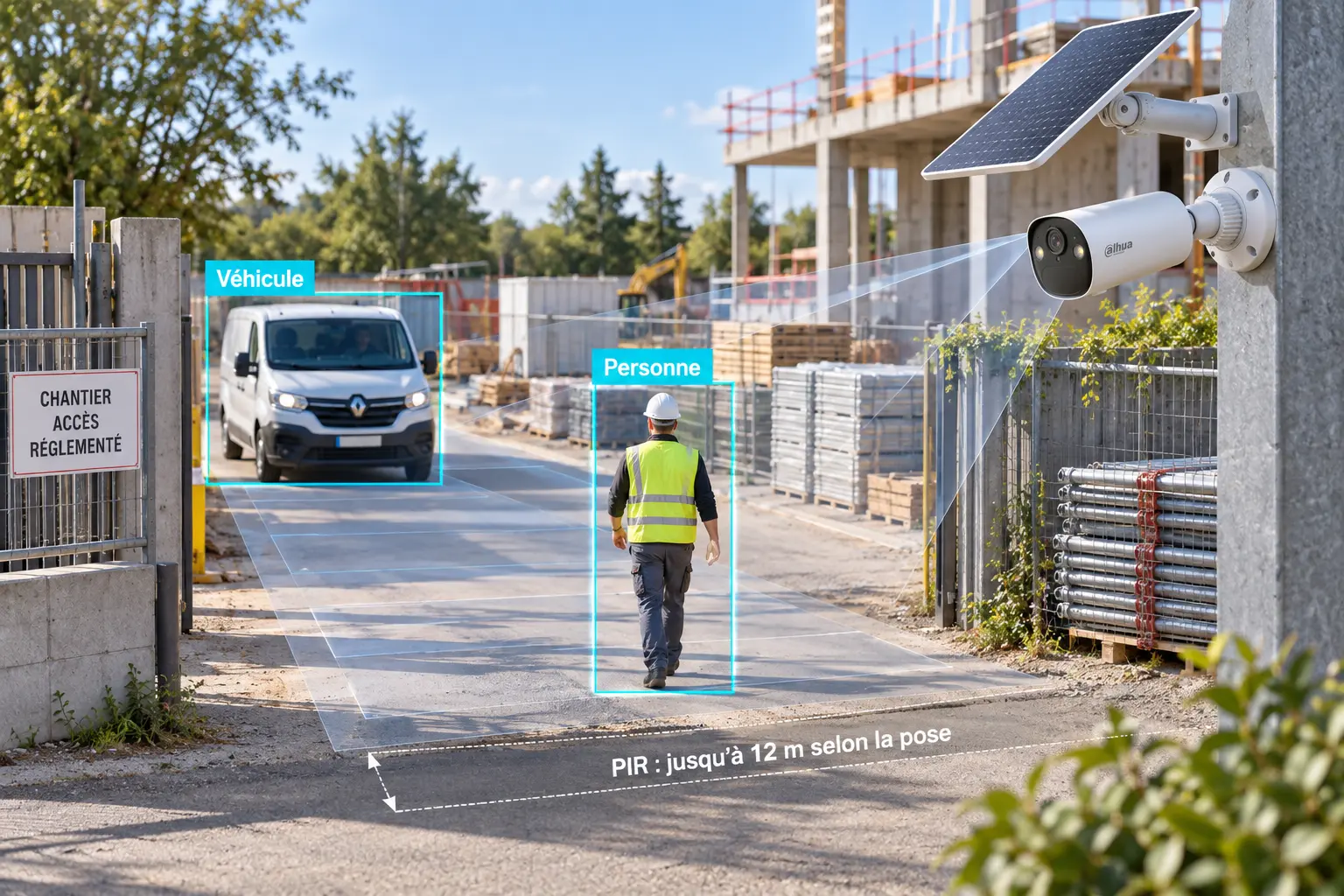 Caméra de chantier Dahua 4G détectant une personne et un véhicule