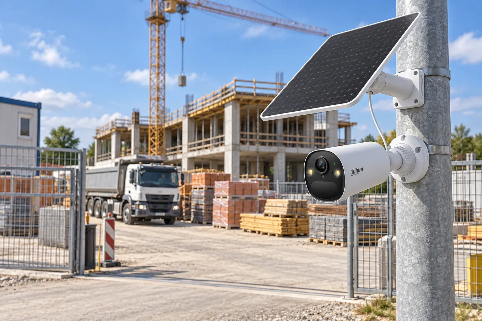 Caméra Dahua 4G solaire surveillant les accès et le matériel d’un chantier