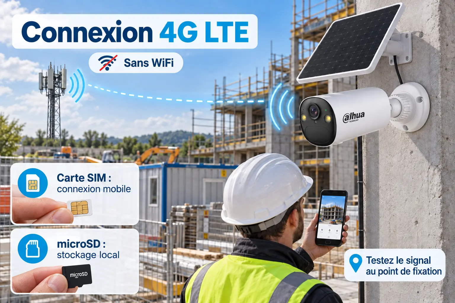 Caméra Dahua BF4CP-4G-XL connectée en 4G LTE sans WiFi sur un chantier