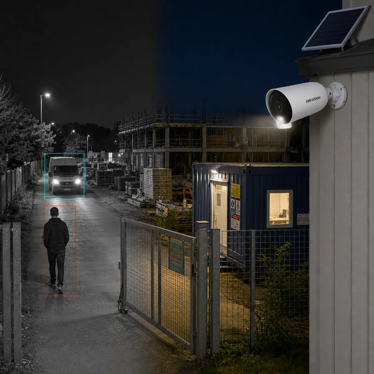 Caméra Hikvision Smart Hybrid Light détectant une personne et un véhicule la nuit sur un chantier