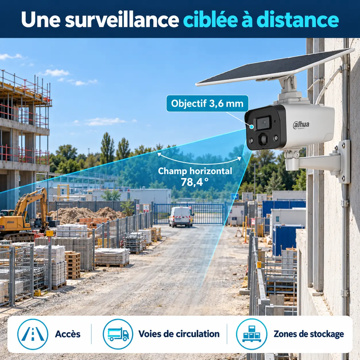 Caméra de chantier Dahua 4G solaire professionnelle surveillant un accès éloigné