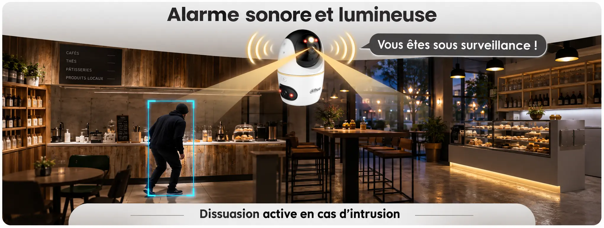 Alarme sonore et lumineuse de la caméra WiFi Dahua H5D-5F pour dissuader un intrus