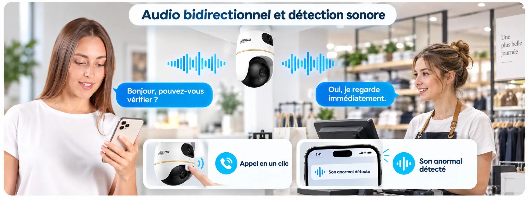 Audio bidirectionnel, appel en un clic et détection sonore de la caméra WiFi Dahua H5D-5F