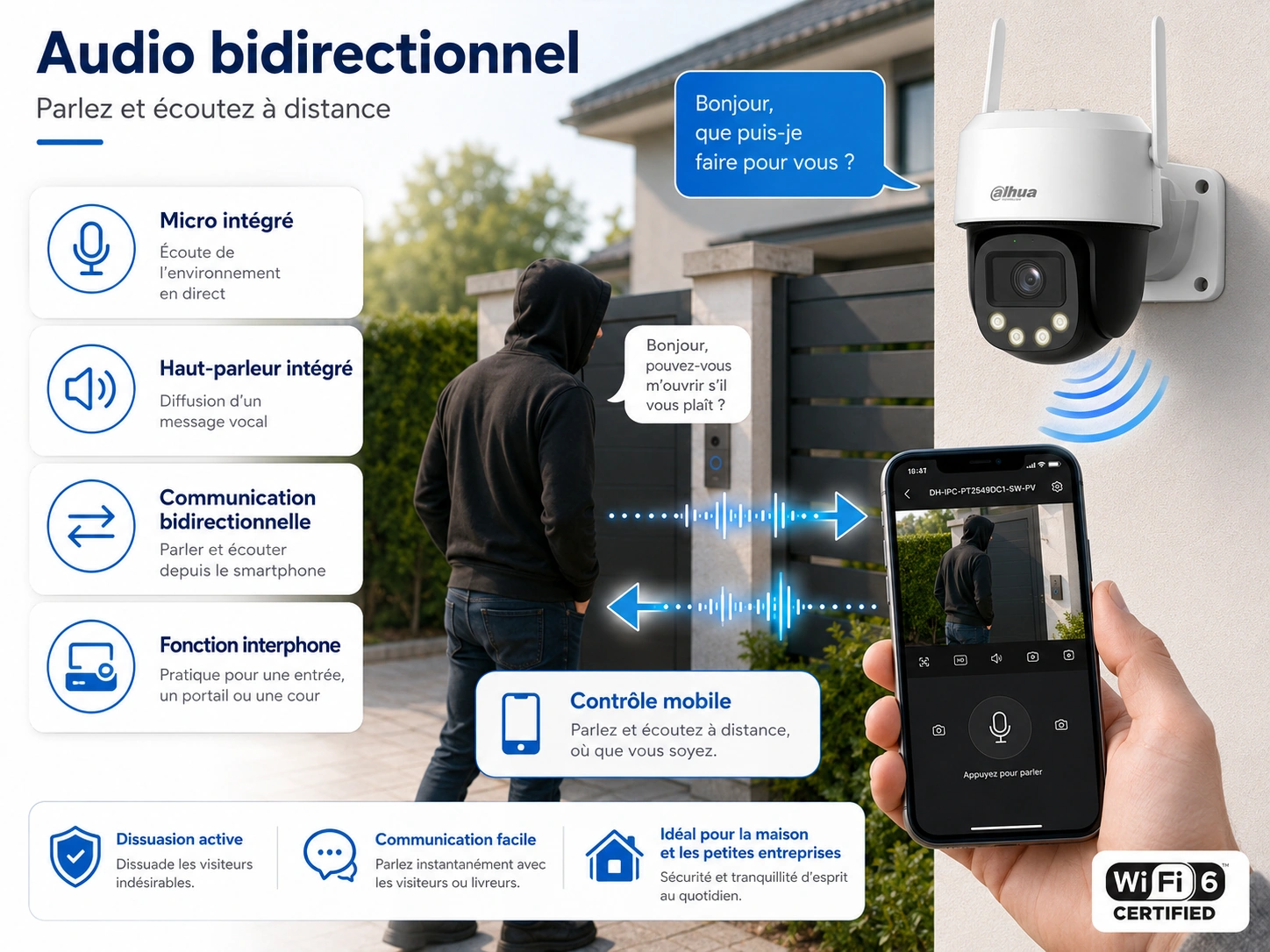 Caméra WiFi Dahua avec audio bidirectionnel micro haut-parleur pour parler et écouter à distance