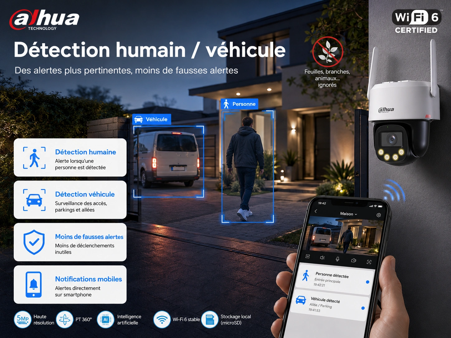Caméra Dahua WiFi extérieure avec détection humain véhicule et notifications mobiles DMSS