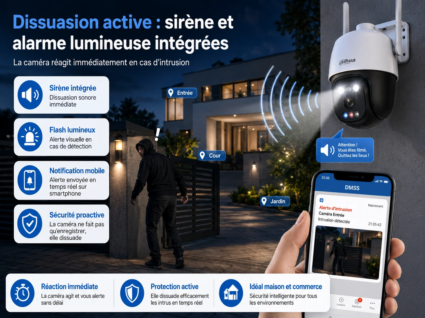 Caméra WiFi extérieure Dahua avec sirène flash lumineux et dissuasion active contre intrusion