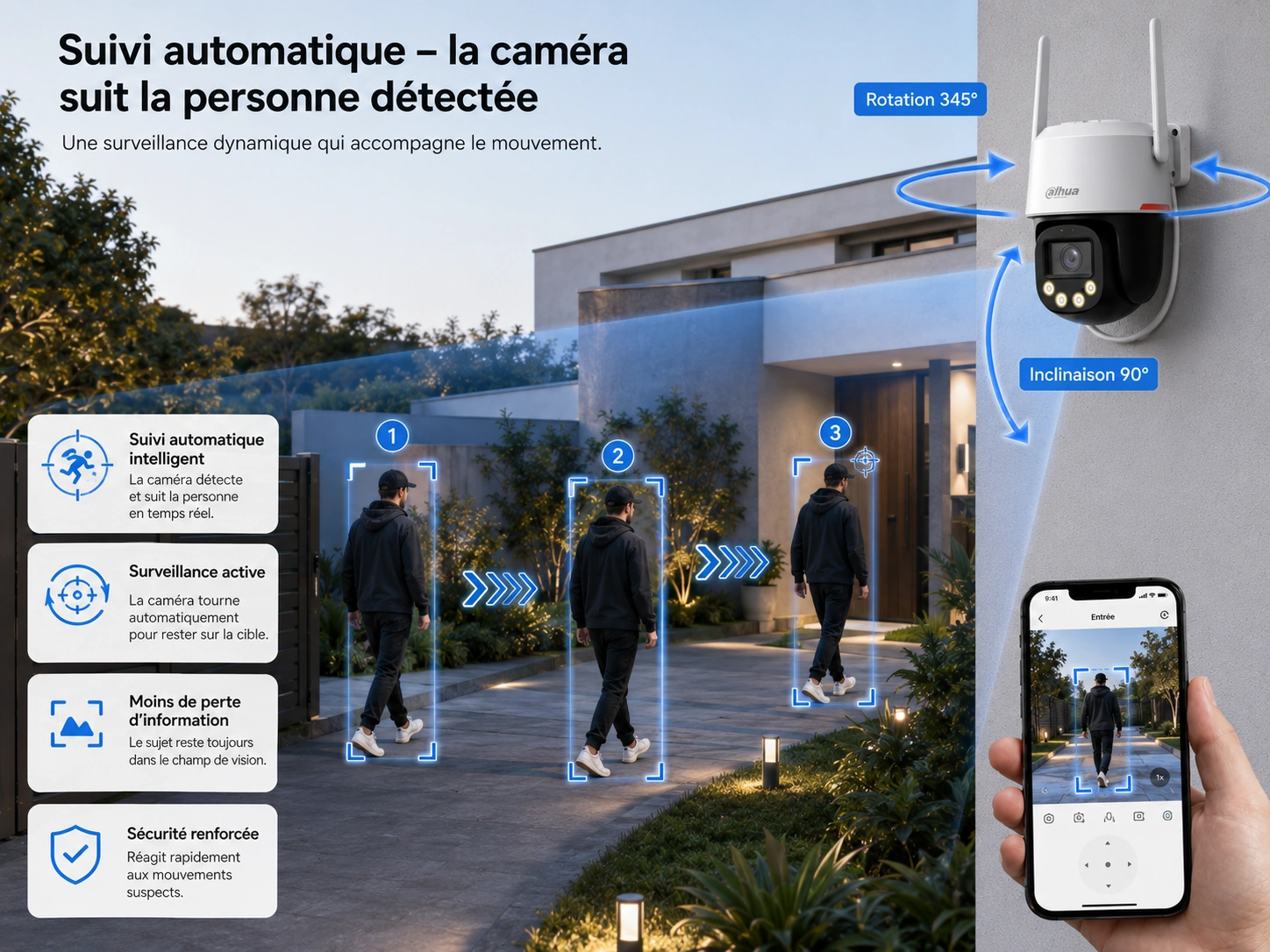 Caméra Dahua WiFi extérieure avec auto tracking suivi automatique des personnes détectées