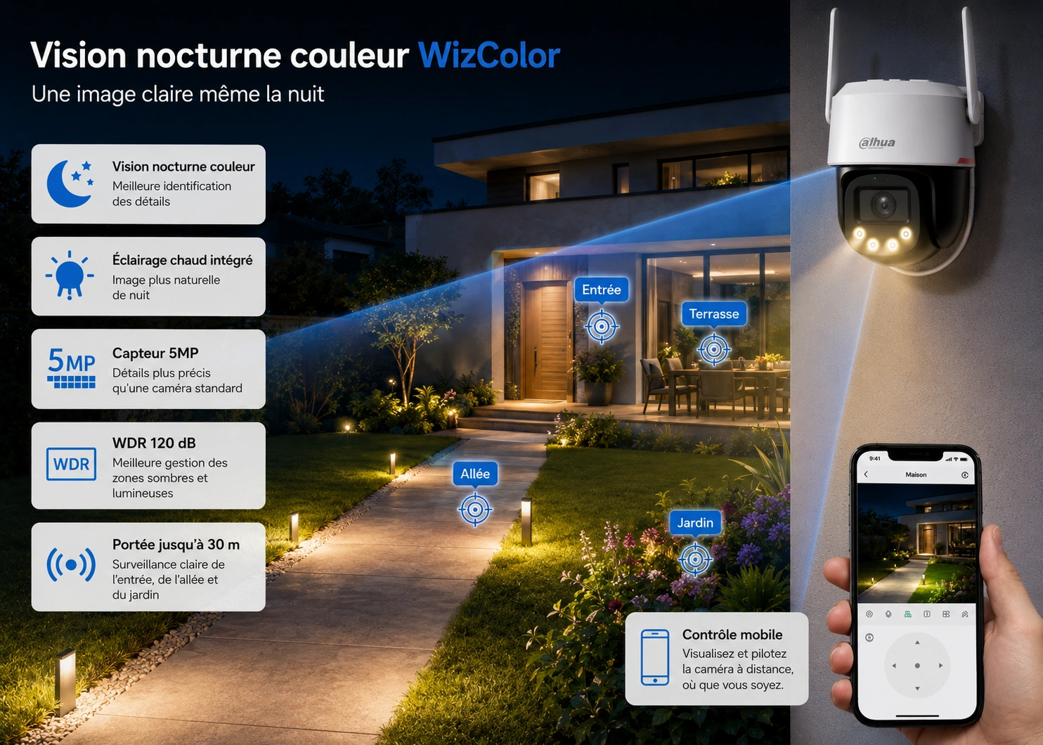 Caméra WiFi extérieure Dahua avec vision nocturne couleur WizColor éclairage chaud 30 mètres
