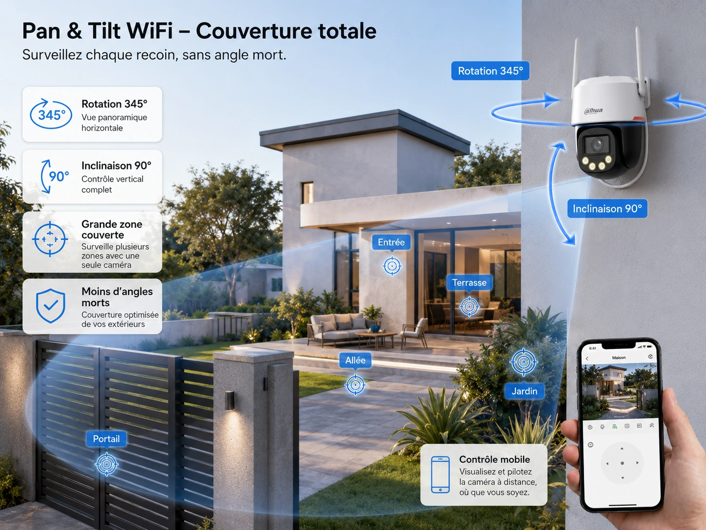 Caméra WiFi extérieure motorisée Dahua Pan Tilt rotation 345 degrés pour surveillance maison jardin cour
