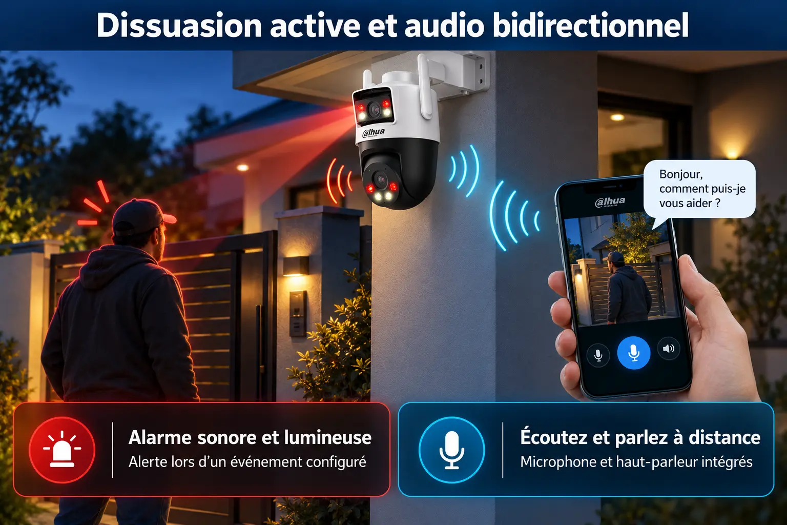 Alarme sonore et lumineuse avec audio bidirectionnel de la caméra Dahua P5D-5F-PV

