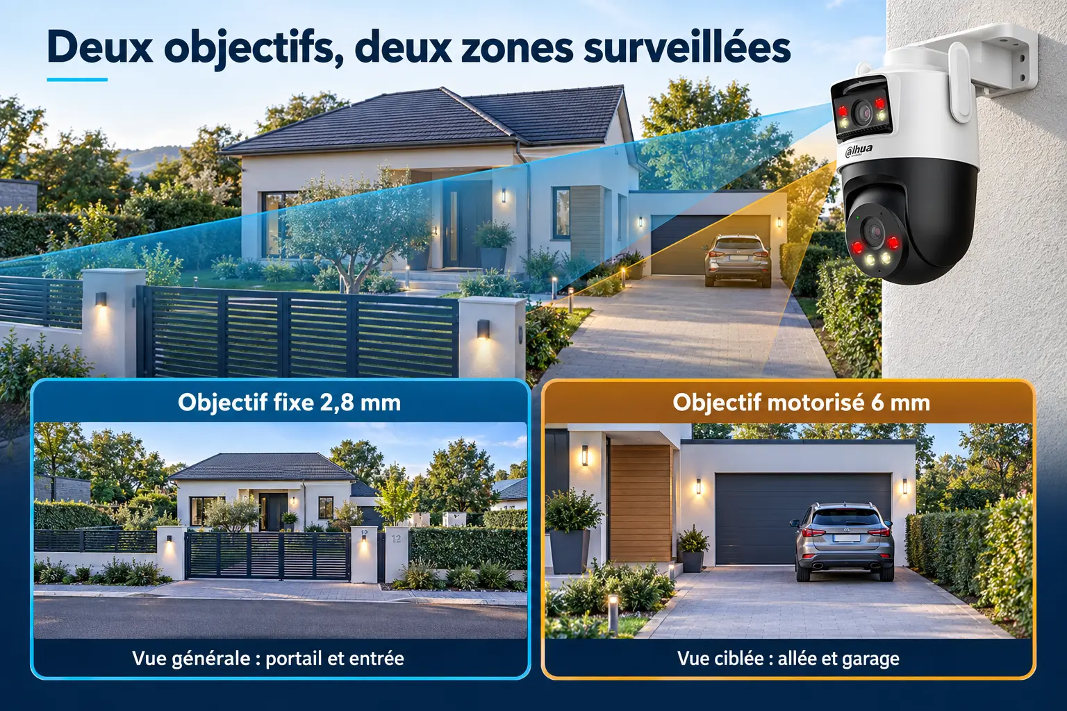 Double surveillance extérieure avec l’objectif fixe 2,8 mm et l’objectif motorisé 6 mm de la caméra Dahua P5D-5F-PV