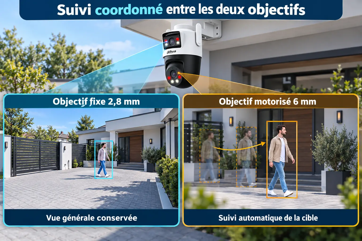 Suivi automatique coordonné de la caméra Dahua P5D-5F-PV avec maintien de la vue générale fixe
