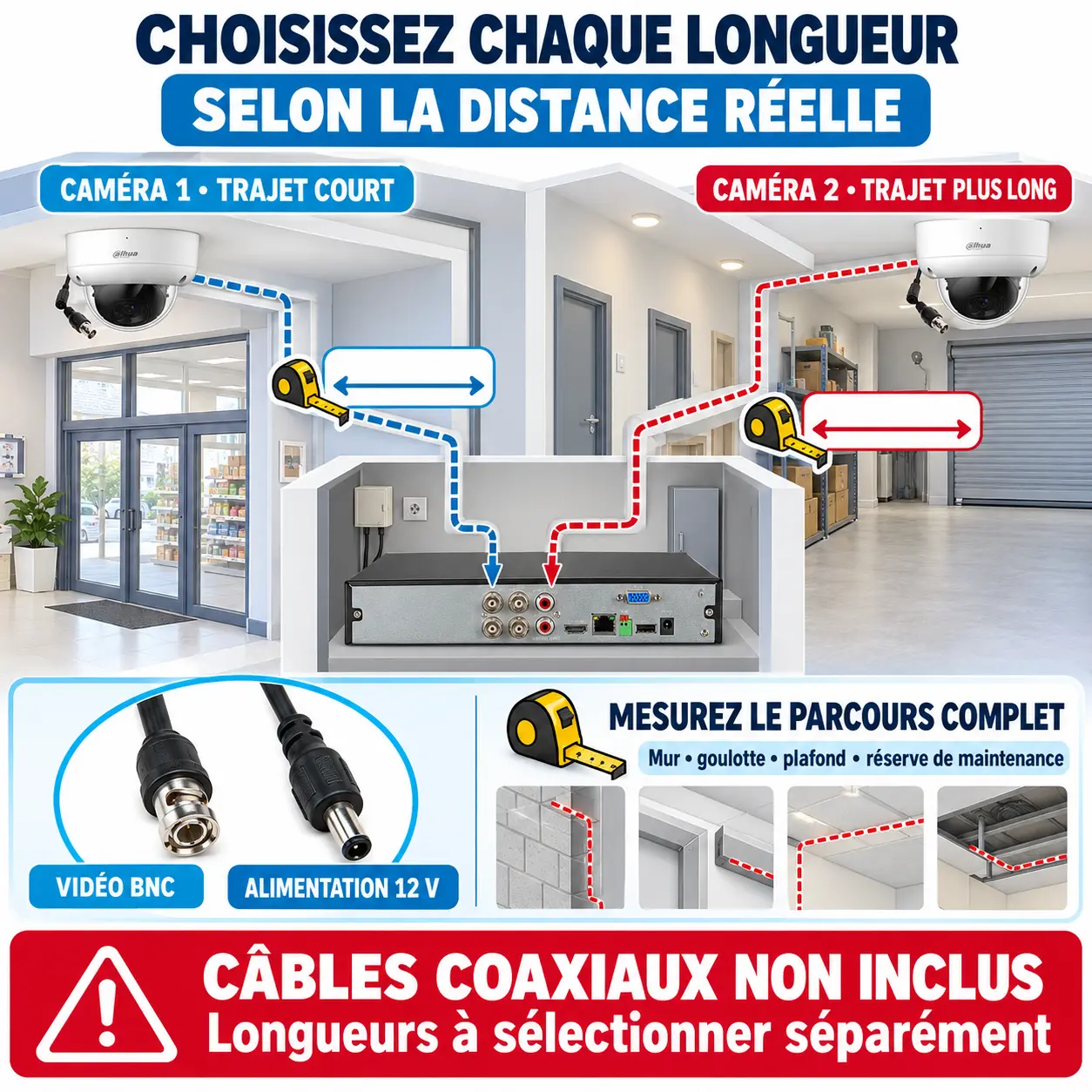 Câbles coaxiaux BNC non fournis à choisir séparément selon la distance des caméras