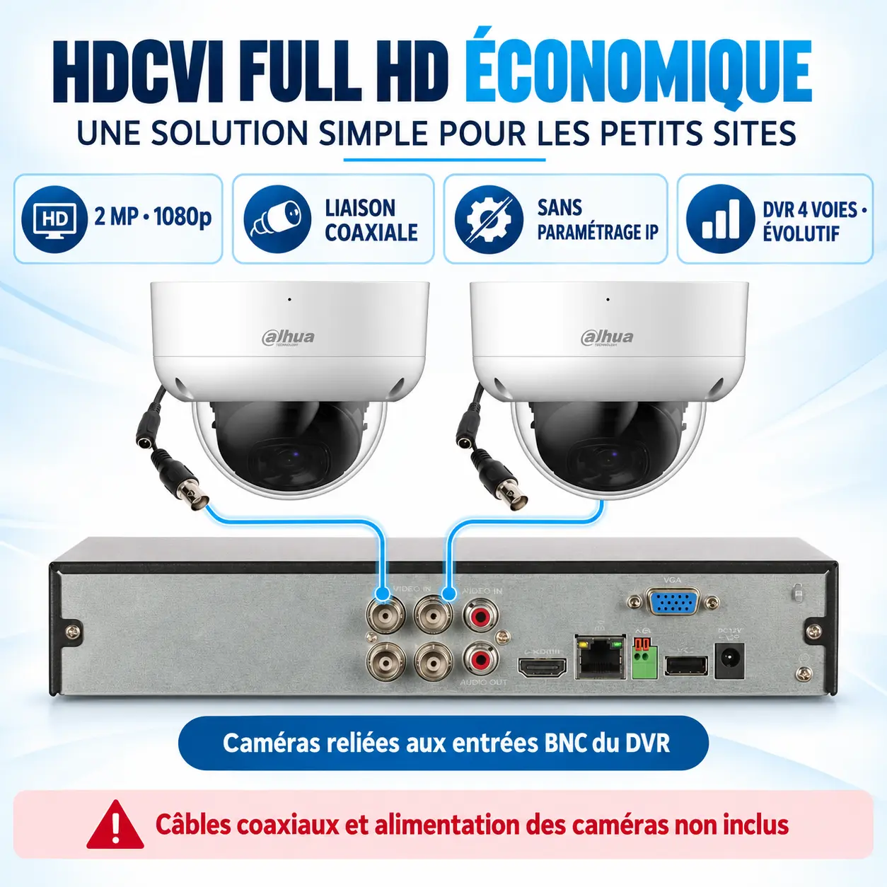 Kit vidéosurveillance coaxial Dahua avec DVR et deux caméras dôme 2 MP
