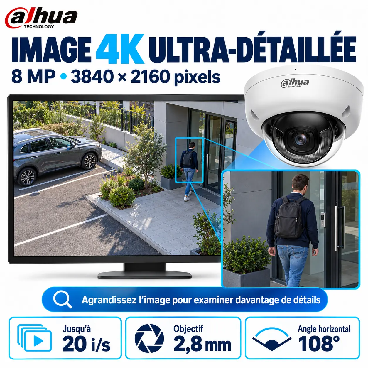 Caméra dôme Dahua 8 MP montrant les détails d’une image de vidéosurveillance 4K