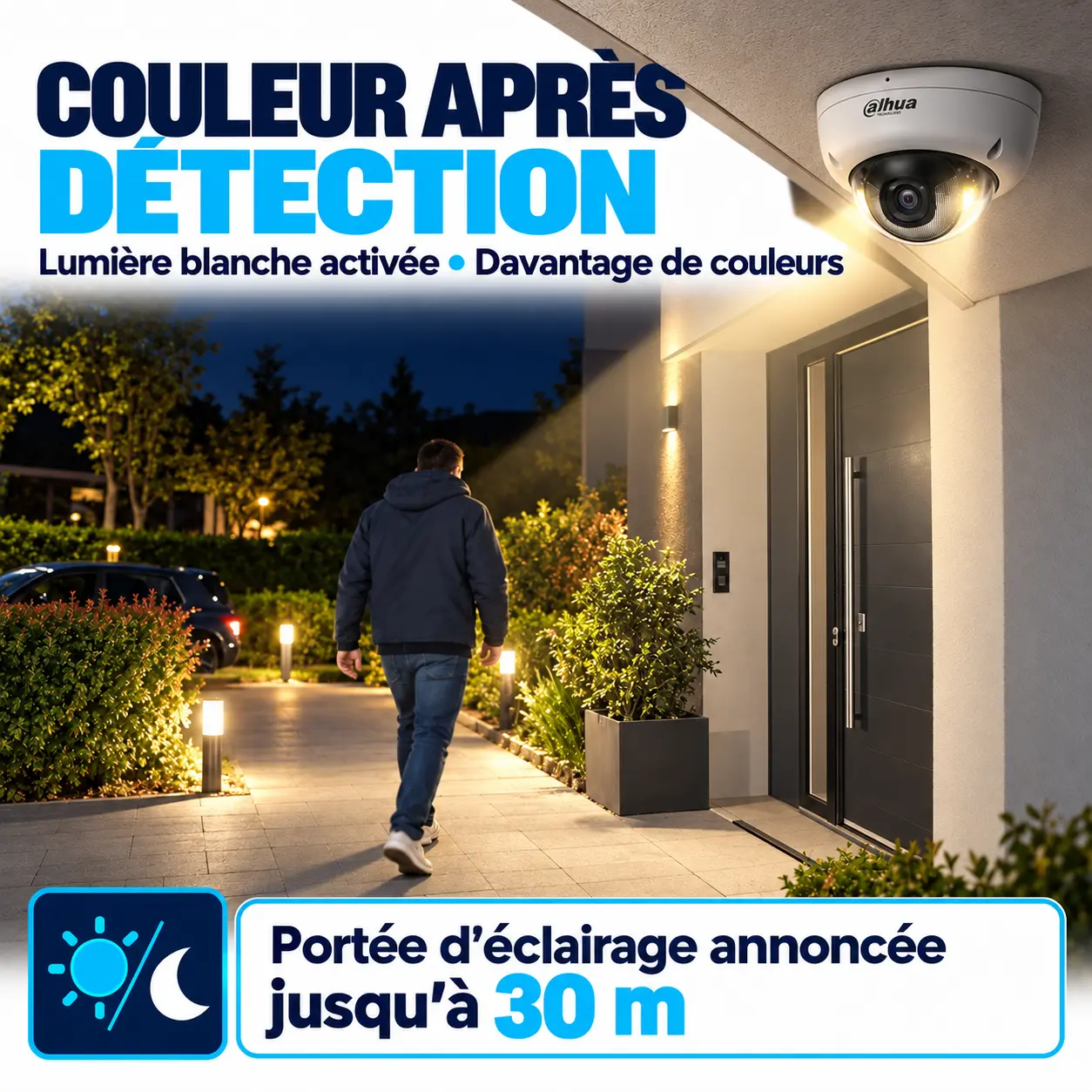 Caméra dôme Dahua éclairant une personne pour obtenir une image en couleur la nuit