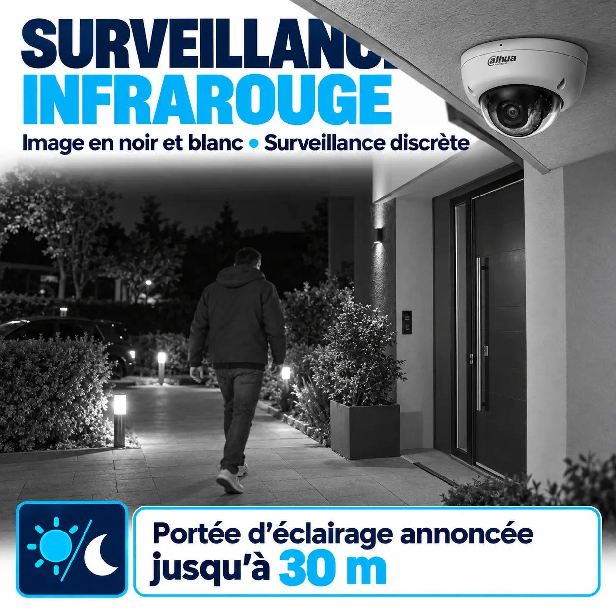 Caméra dôme Dahua 8 MP surveillant discrètement une entrée en infrarouge
