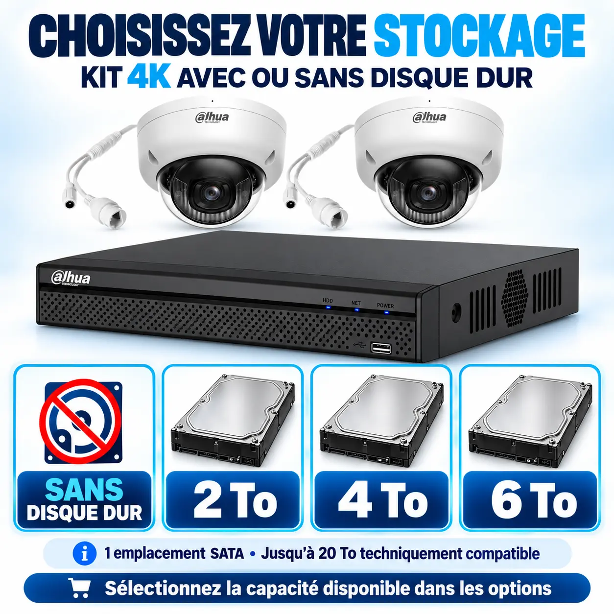 Kit vidéosurveillance 4K proposé sans disque dur ou avec plusieurs capacités de stockage