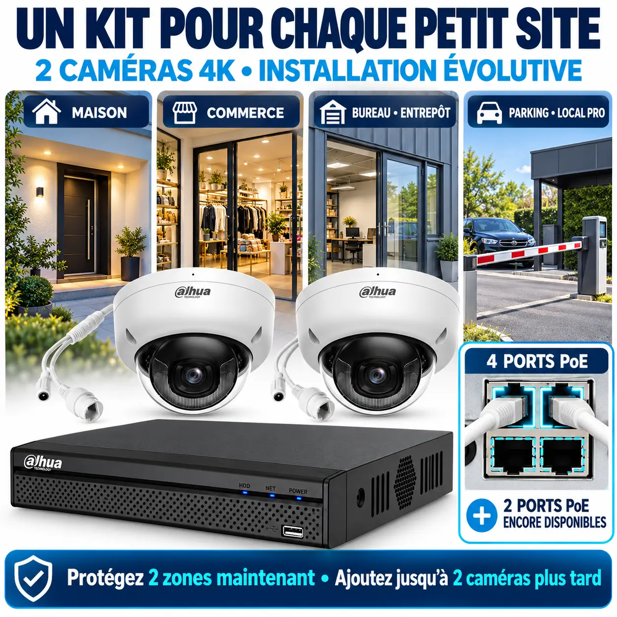 Kit vidéosurveillance 4K Dahua protégeant un commerce une maison et un entrepôt